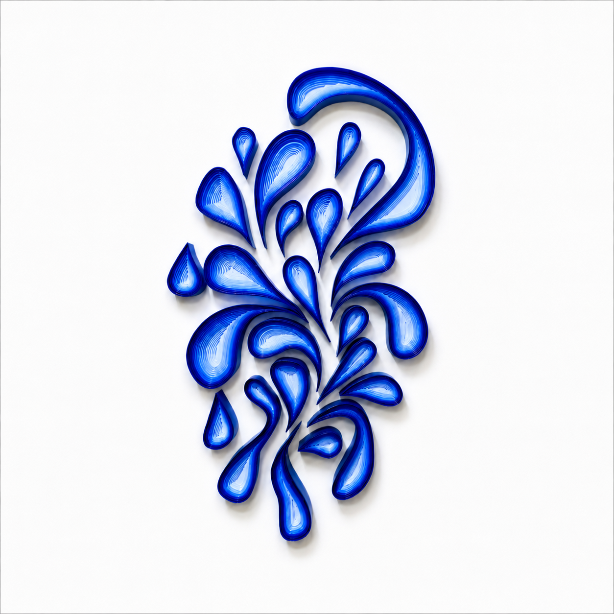 Blue glass art sculpture resembling an abstract botanical design on a white background.