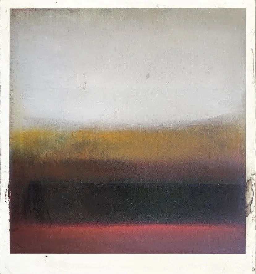Abstract landscape painting with gradient colors transitioning from light gray and white at the top to yellow, orange, dark purple, and pink at the bottom.