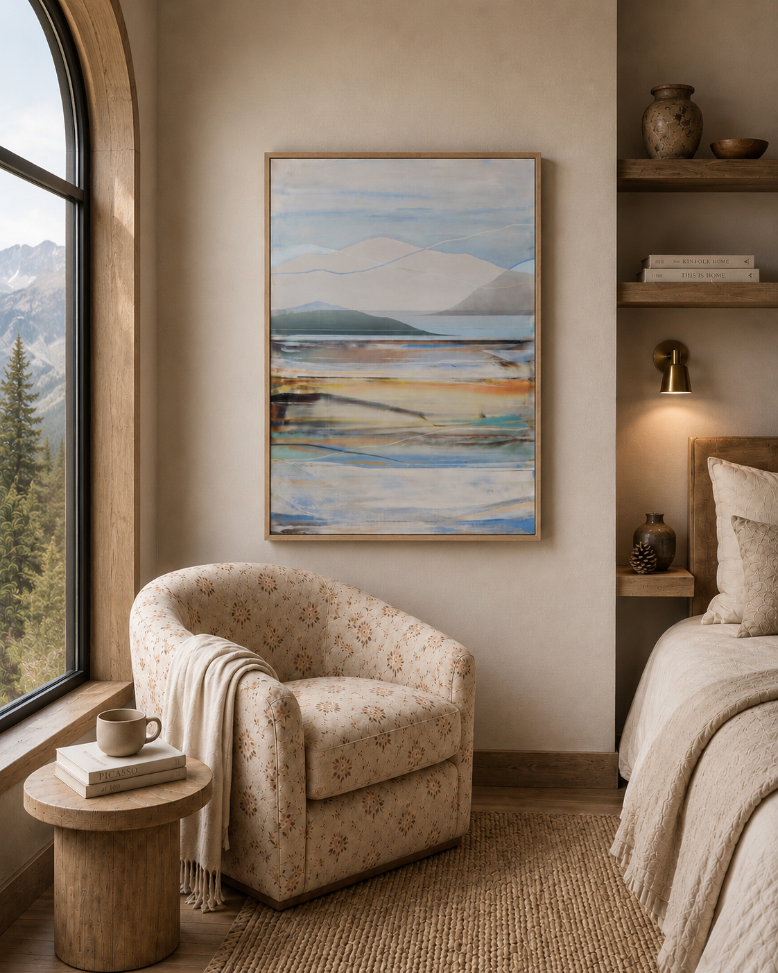 A cozy bedroom in a mountain cabin with a patterned armchair, a small wooden side table with a mug and books, a large abstract landscape painting on the wall, a bed with beige bedding, and a large window showing mountain scenery.