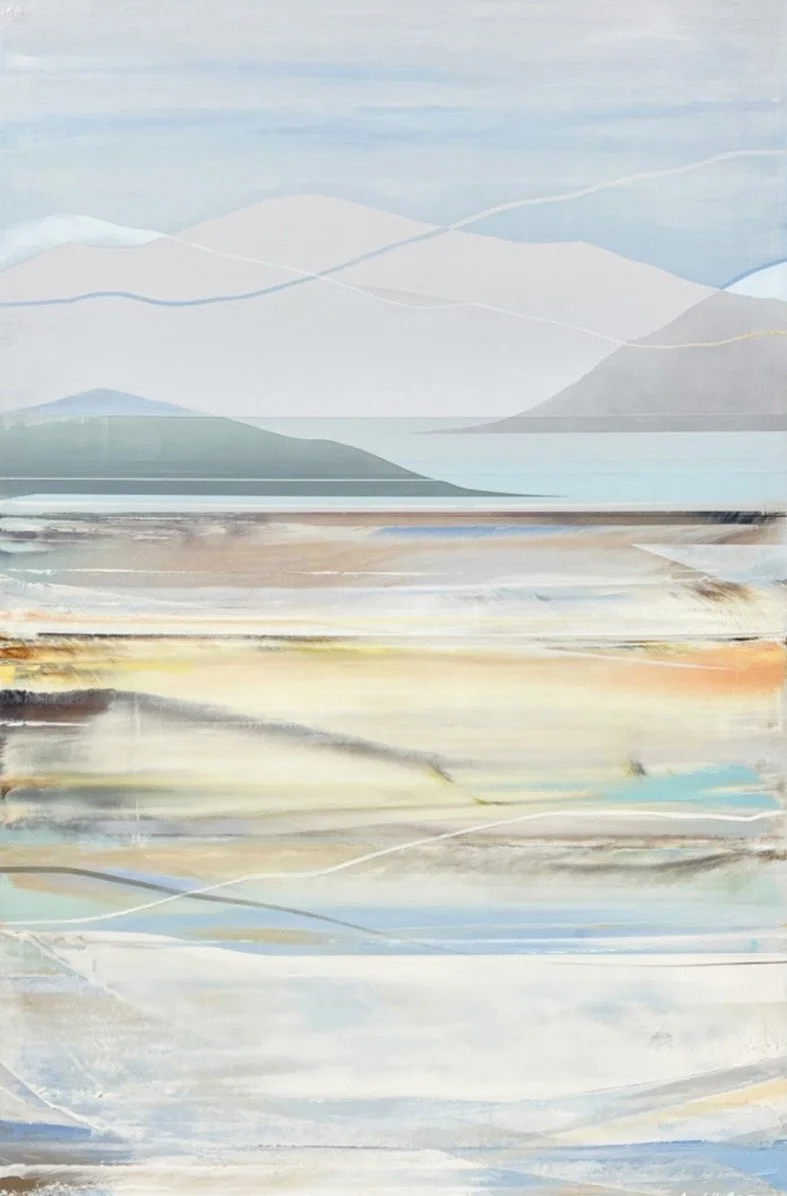 Abstract landscape painting with mountain shapes and horizontal brushstrokes in soft pastel colors of blue, white, gray, and light yellow.