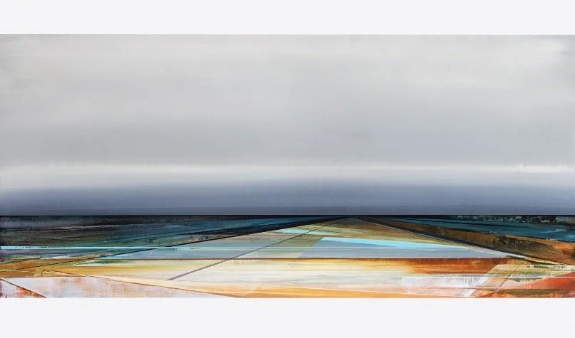 Abstract landscape with a cloudy sky and a colorful, geometric foreground