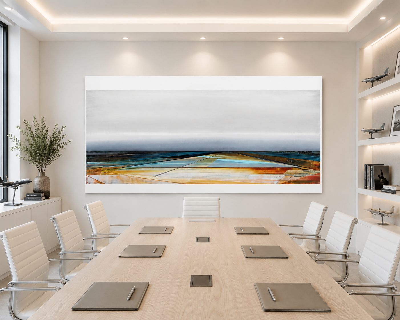 A modern conference room with a large abstract painting on the wall, surrounded by eight white leather chairs with metal armrests, a light wood table with six black folders, a white cabinet with model airplanes and a potted plant, and built-in shelvi