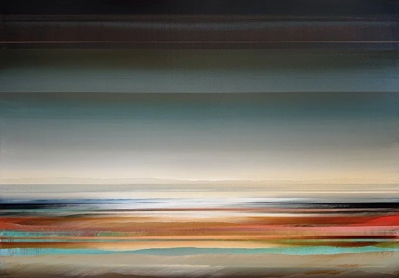Abstract blurred landscape with horizontal streaks of color including shades of blue, beige, red, and black.