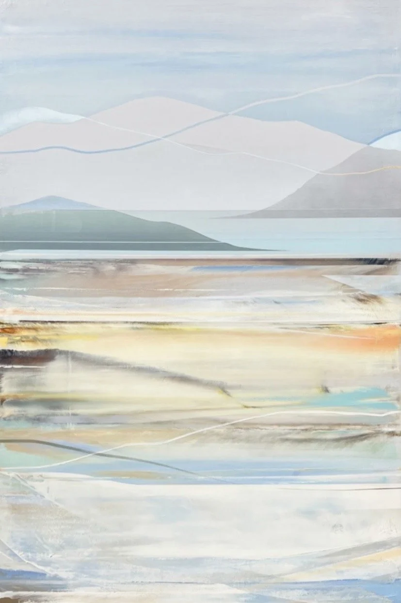 Abstract landscape painting of mountains, water, and sky in soft pastel colors.