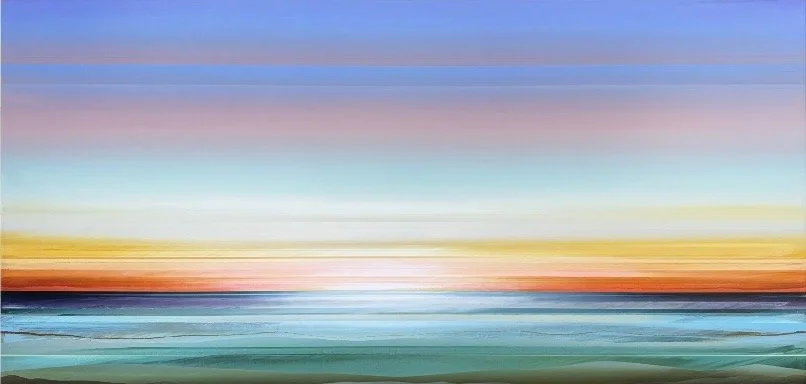 Abstract digital art of a colorful sunset over the ocean with horizontal streaks of pastel colors