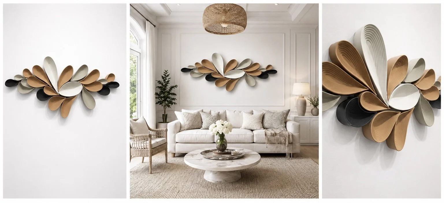Decorative wall art made of overlapping, petal-shaped pieces in neutral tones on a white living room wall.