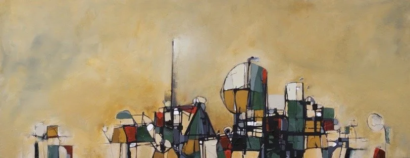 Abstract cityscape painting with geometric shapes and muted colors.