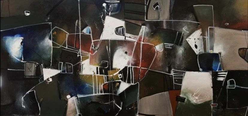 Abstract painting with geometric shapes and dark colors, including blacks, browns, and blues, accented with white lines.