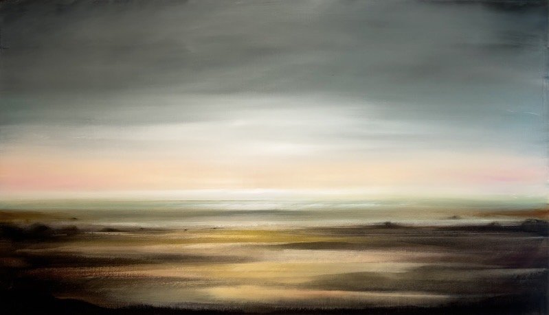 Abstract painting of a landscape with a sunset sky and a flat horizon