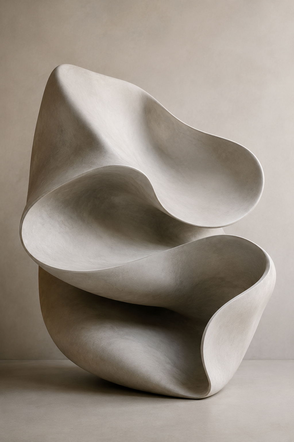 Modern abstract sculpture with smooth, flowing curves, made of light-colored material, set against a neutral background.