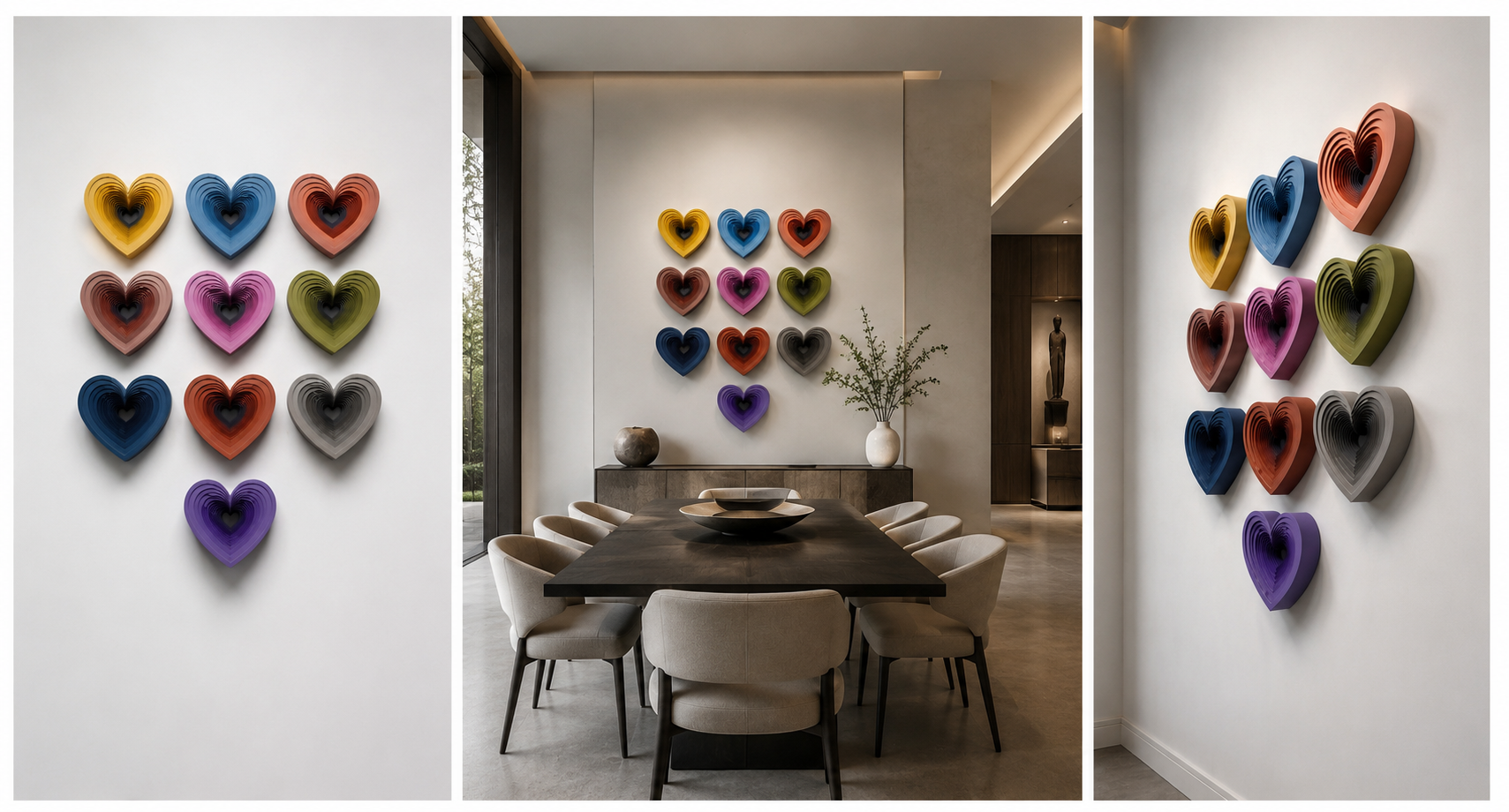 Decorative wall art featuring multiple colorful, layered hearts arranged in patterns on white walls and a large wall in a modern dining room.