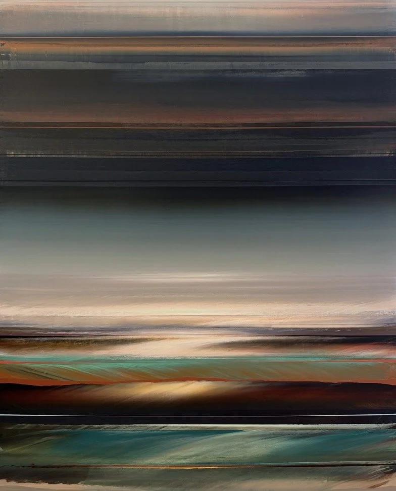 Abstract landscape with horizontal streaks of dark blue, gray, tan, orange, green, and black colors, resembling a blurred sunset or sunrise over a horizon.