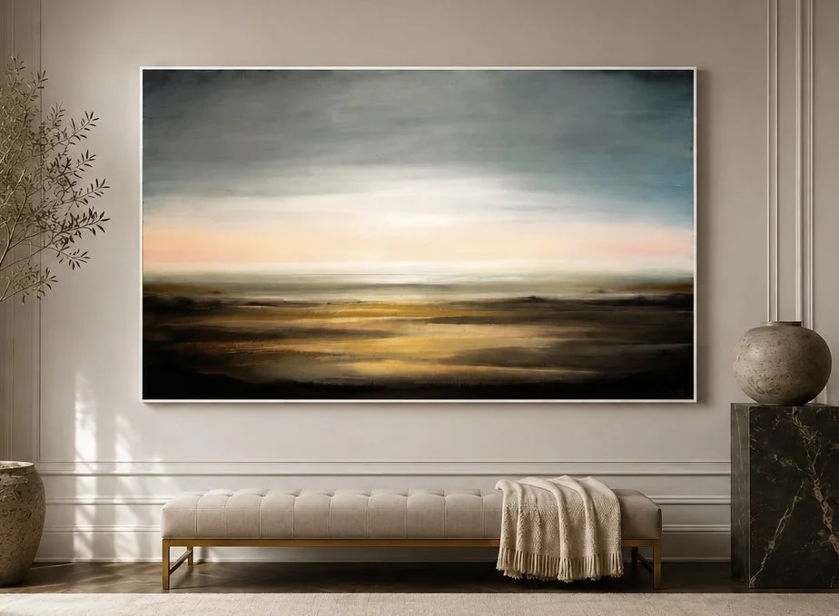 Large abstract landscape painting with soft pastel tones hanging on a white wall in a modern room.