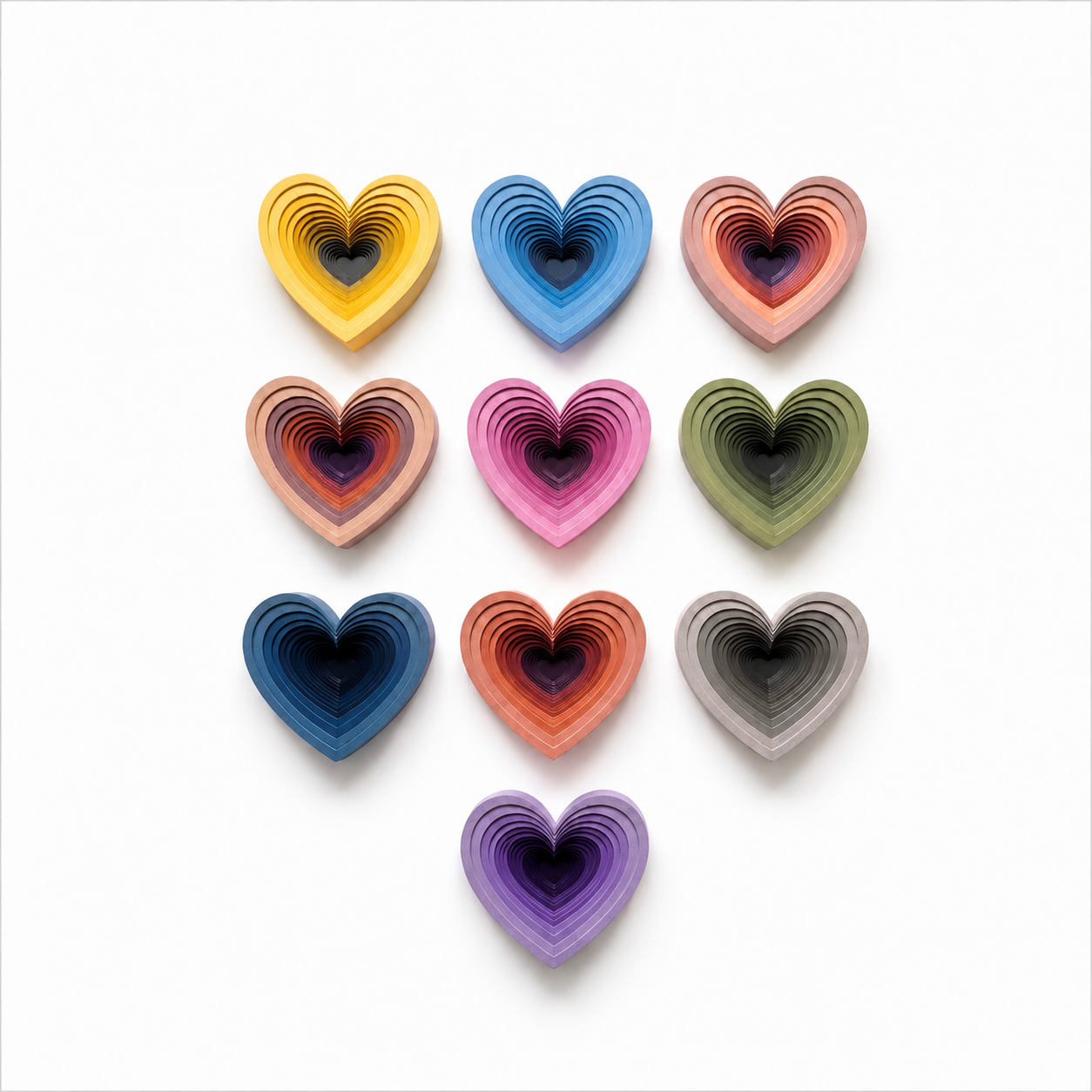 Colorful layered wood hearts arranged in a grid on a white background.