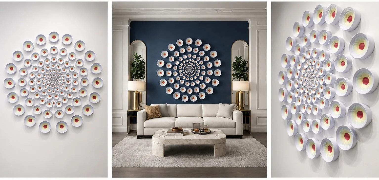 Interior living room with modern design featuring a blue accent wall adorned with circular wall art resembling records, a white sofa with pillows, side tables with lamps, potted plants, and a marble coffee table.