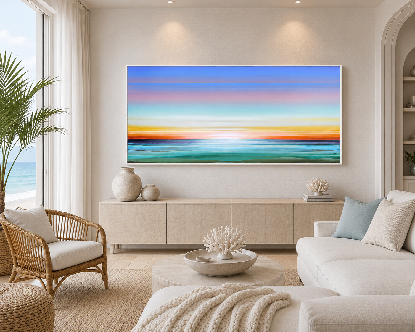 Living room with large abstract landscape painting, white sofa and armchair, coastal view outside window, neutral decor and ocean-themed accents.