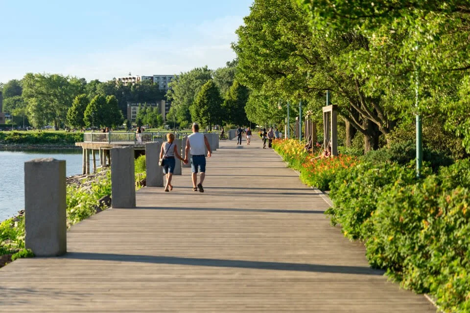 people walking along Burlington waterfront