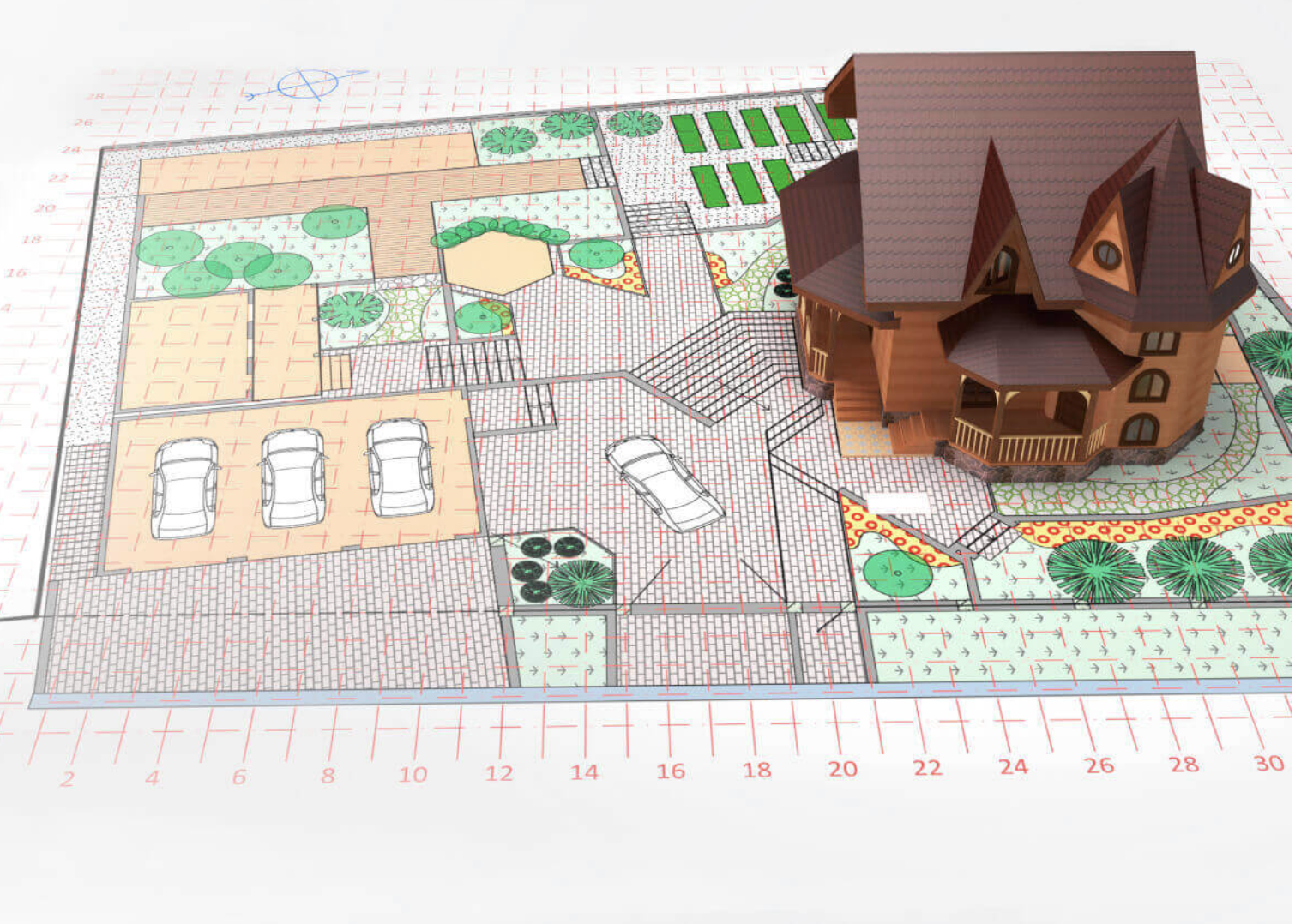 A detailed architectural plan of a house and yard, featuring a large wooden house, driveway with three cars, landscaped gardens with trees and shrubs, patio areas, and pathways with colorful accents.
