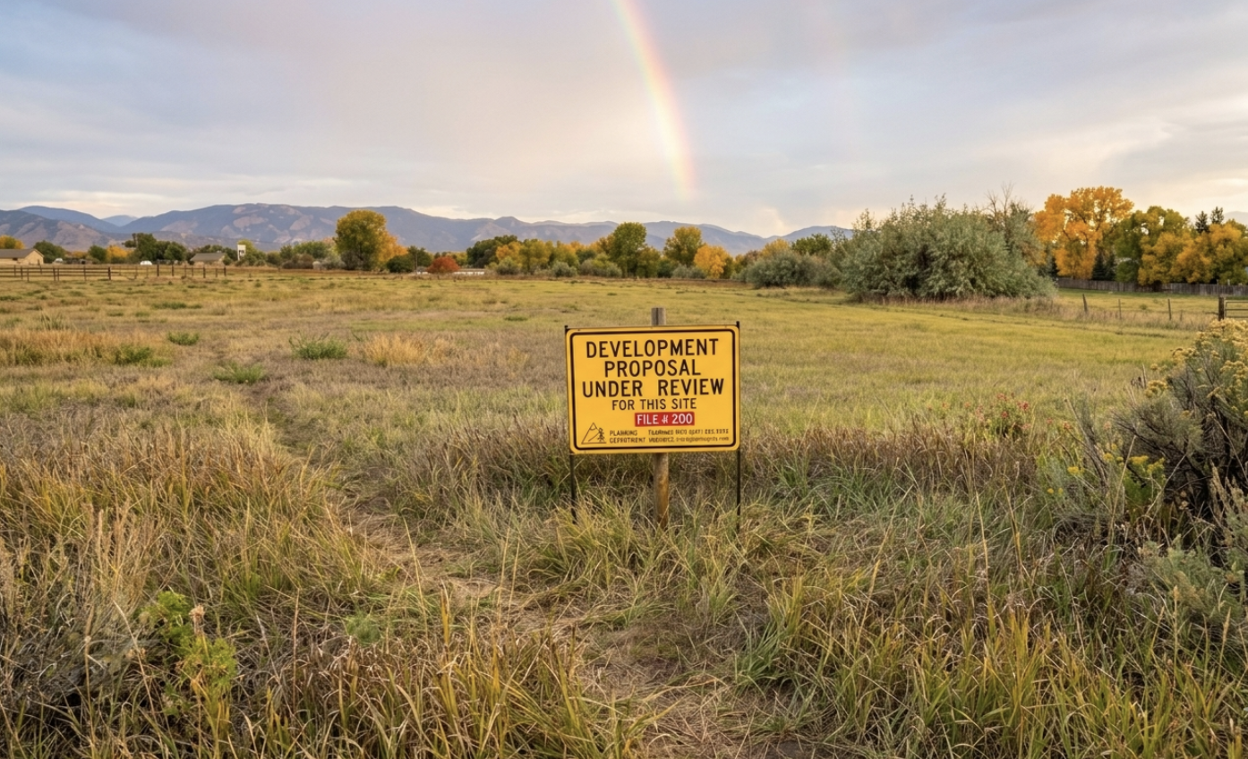 A grassy field with a yellow development proposal review sign, trees, mountains in the background, and a rainbow in the sky.