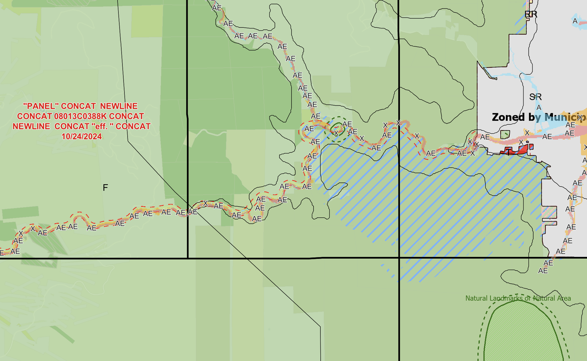 A detailed map showing a newly proposed pipeline route with various annotations, zones, and color-coded sections, including labels such as 'AE' along the route and a note indicating the announcement date of 10/24/2024.