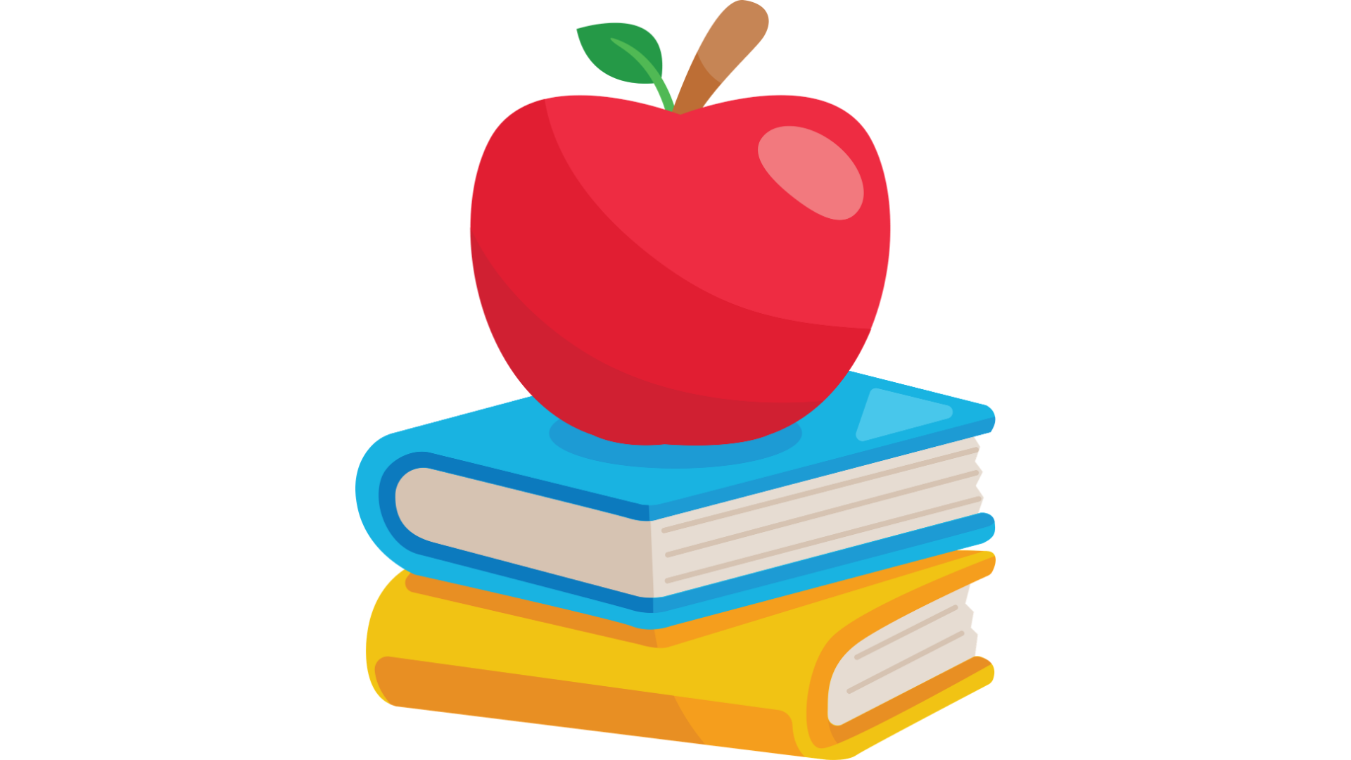 Illustration of a red apple on top of a stack of three closed books in blue, yellow, and orange colors.