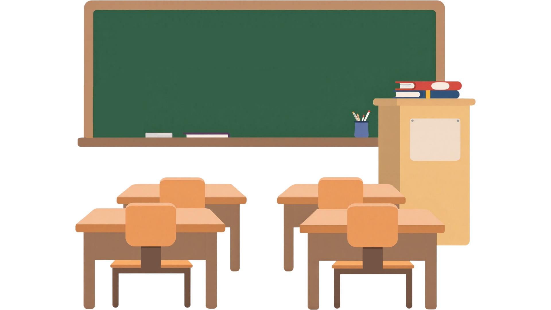 An empty classroom with wooden desks and chairs facing a green chalkboard. There is a teacher's desk with a stack of books and a container with pencils, and a red filing cabinet to the right.