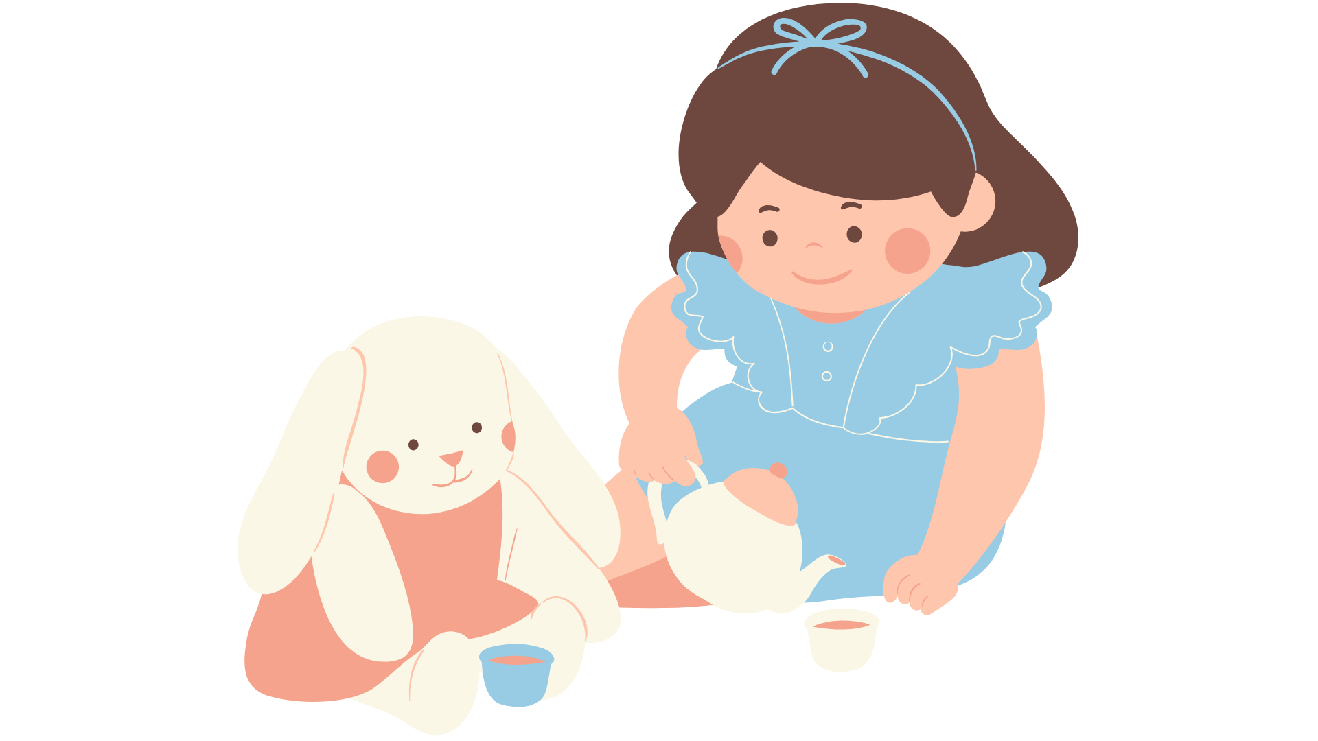 A girl wearing a blue dress and headband is feeding a white bunny with a small bowl while sitting on the floor.