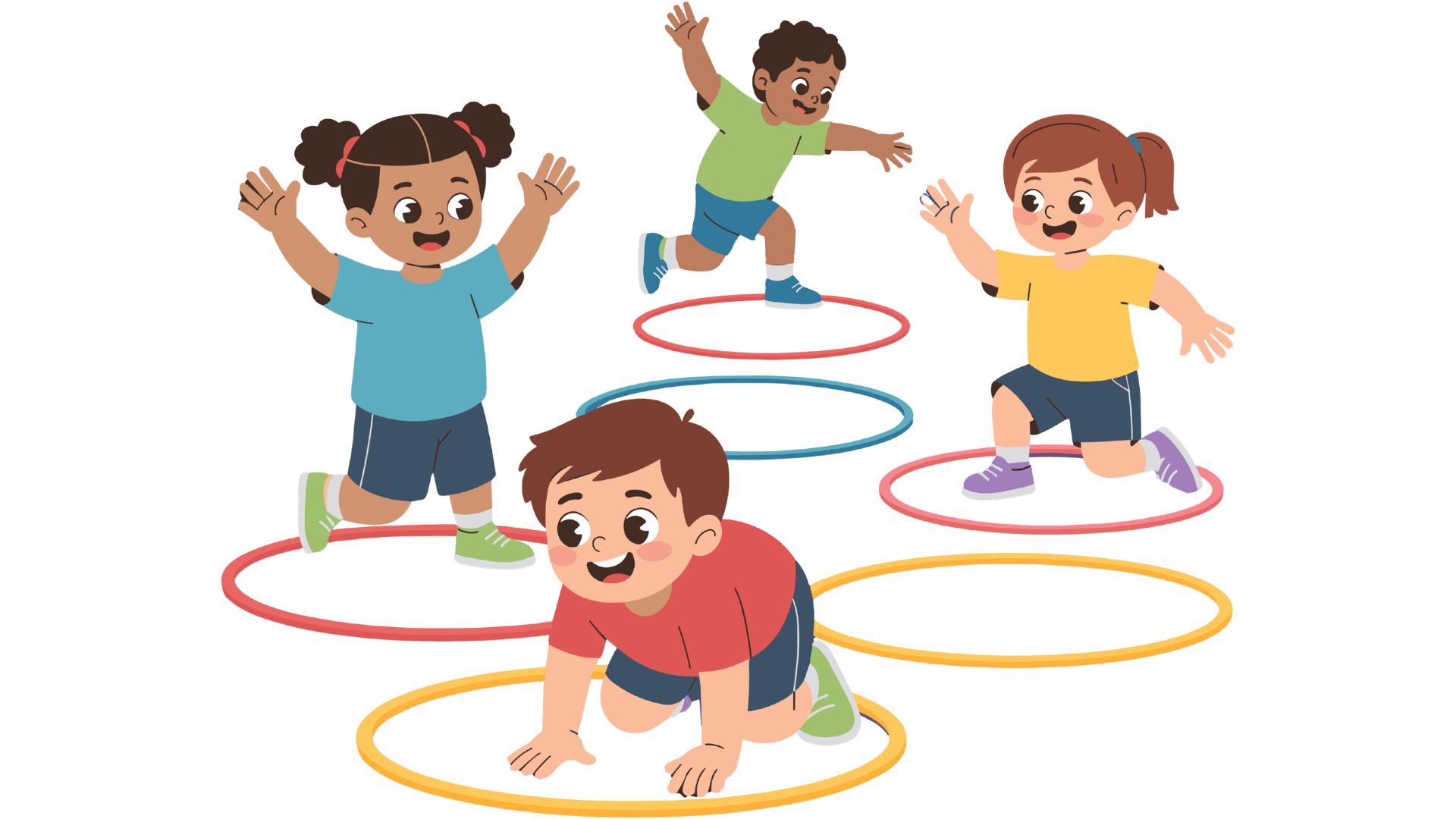 Four children playing hopscotch outdoors on a colorful hopscotch grid, with two girls and two boys smiling and jumping. The children appear happy and engaged in the game.