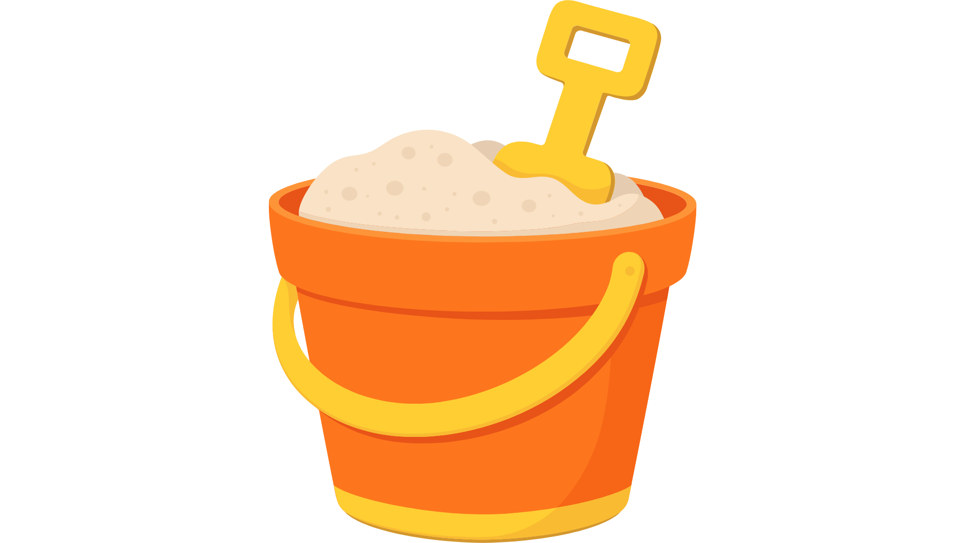 Creative illustration of a yellow bucket with a handle, filled with sand, and a yellow toy shovel on top, placed on an orange box with a yellow ribbon.