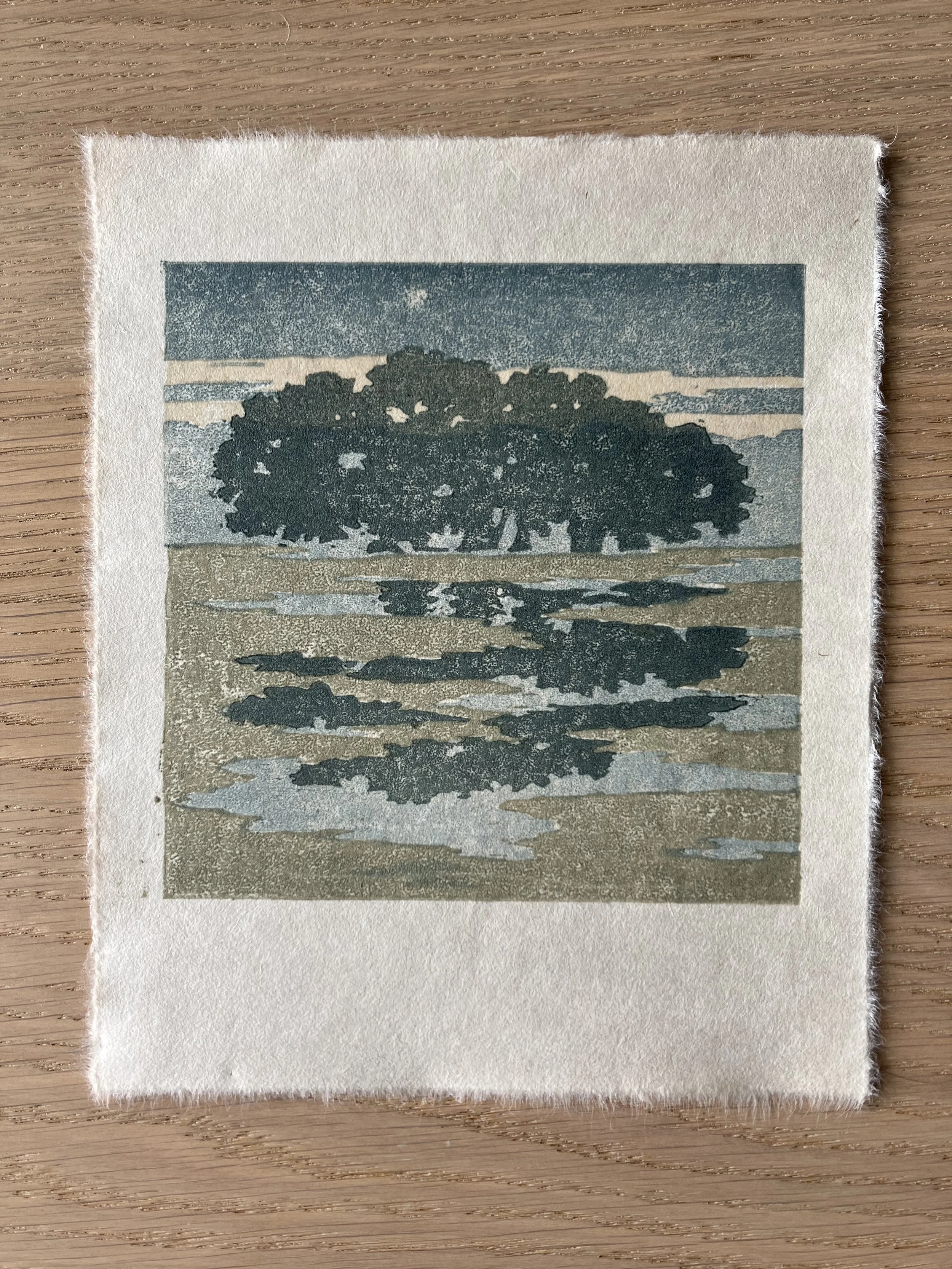A color woodcut depicting a marsh landscape in Ipswich, Massachusetts.