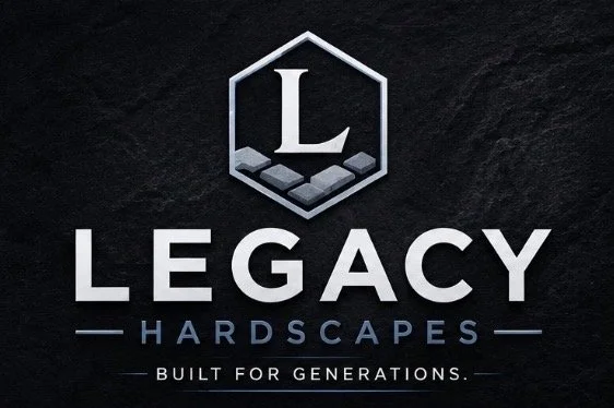 Logo for Legacy Hardscapes with a hexagon and the letter L, and text 'Built for Generations'.