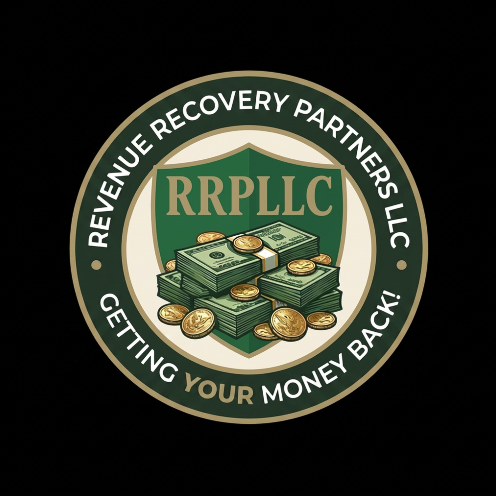 Revenue Recovery Partners LLC official emblem logo with customized tagline on a black background