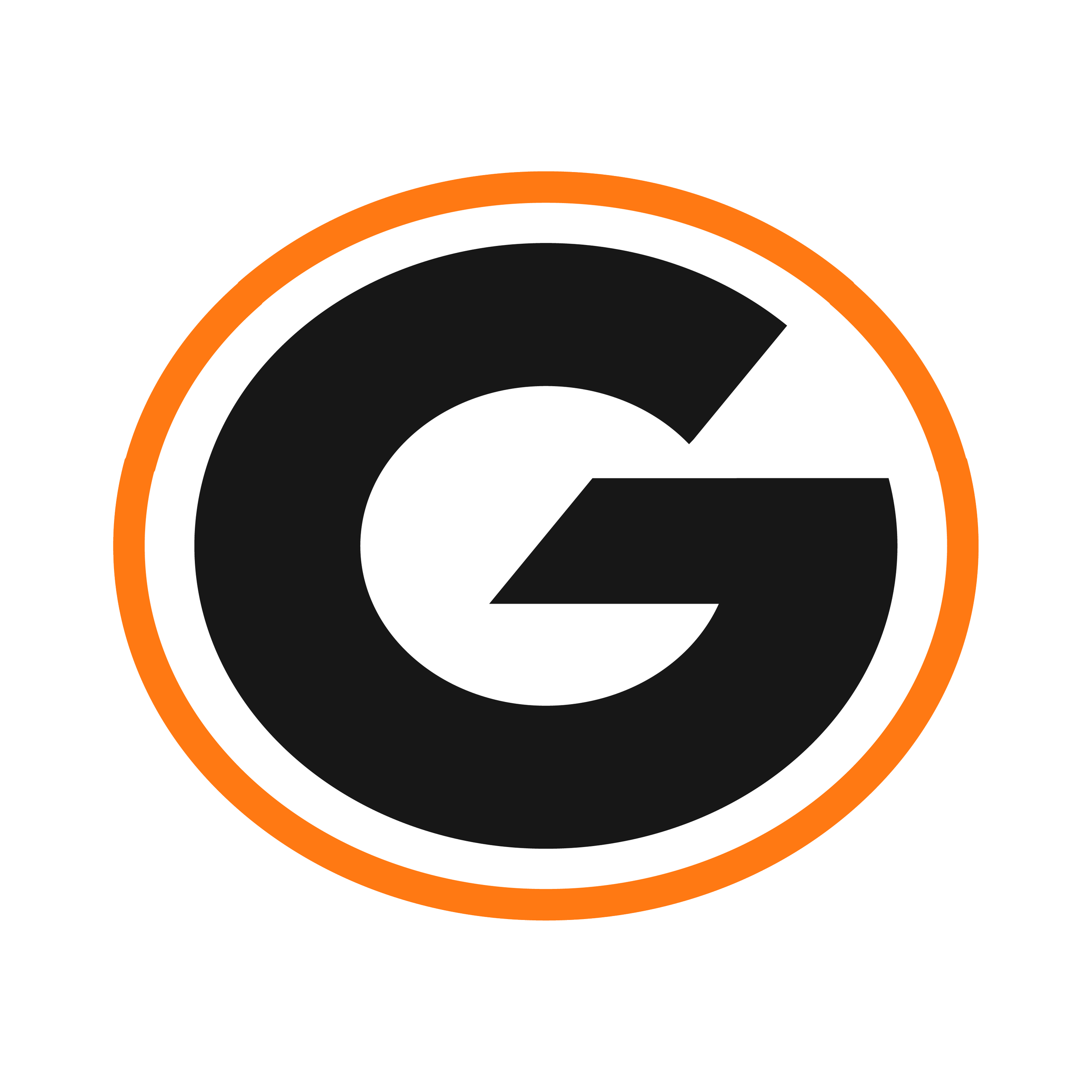 Close-up of a circular logo with the letter G in the center, surrounded by concentric rings in black, white, and orange.