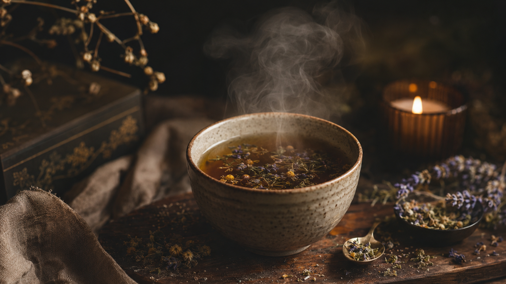 A steaming bowl of herbal tea with dried flowers floating on top, placed on a rustic wooden surface with scattered dried herbs and flowers nearby. In the background, a small lit candle and a decorative box are visible, creating a cozy, ambient setting.