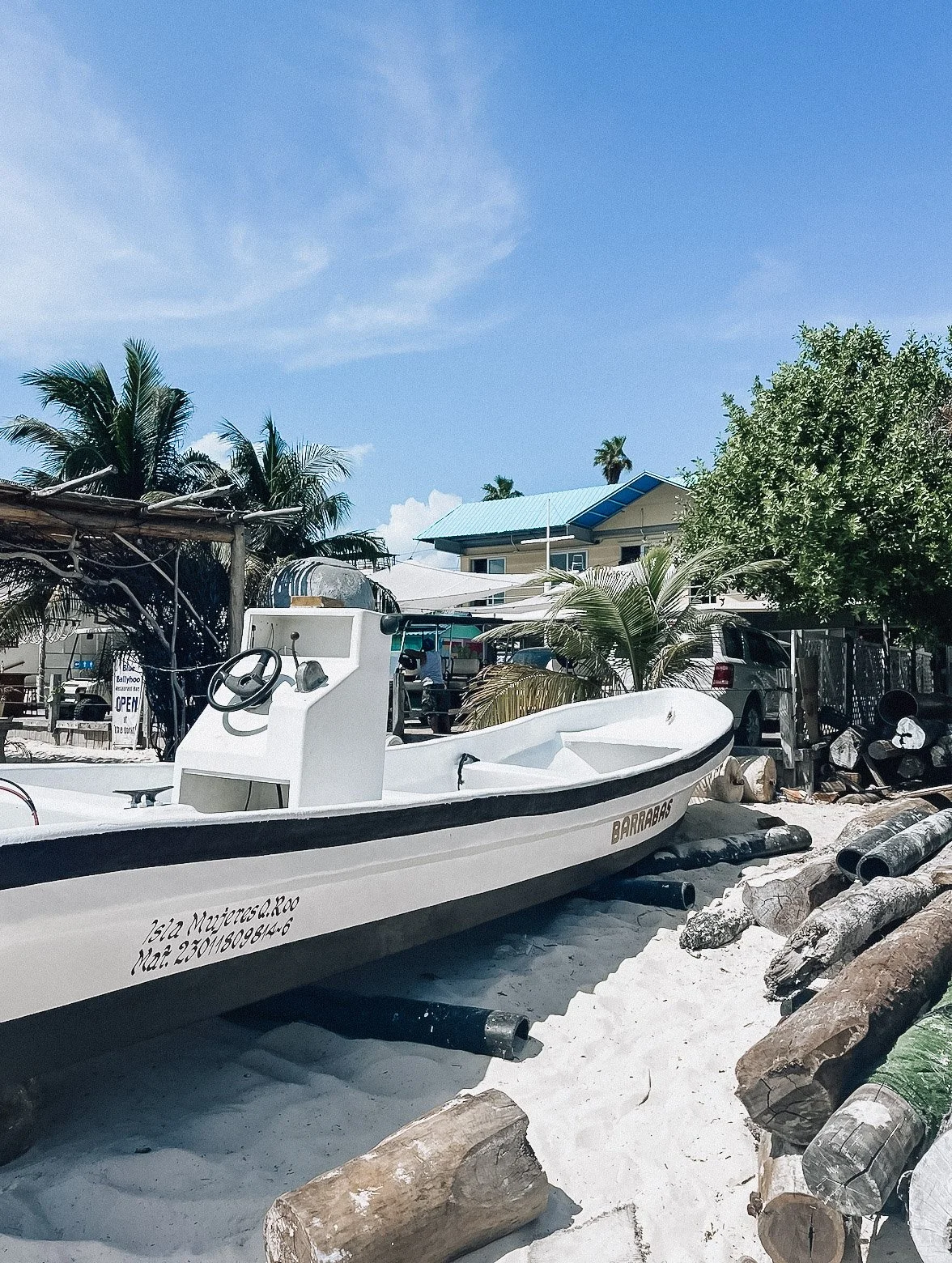 A small white boat on a sandy beach with logs on the ground, palm trees, and a house with a blue roof in the background under a partly cloudy sky.