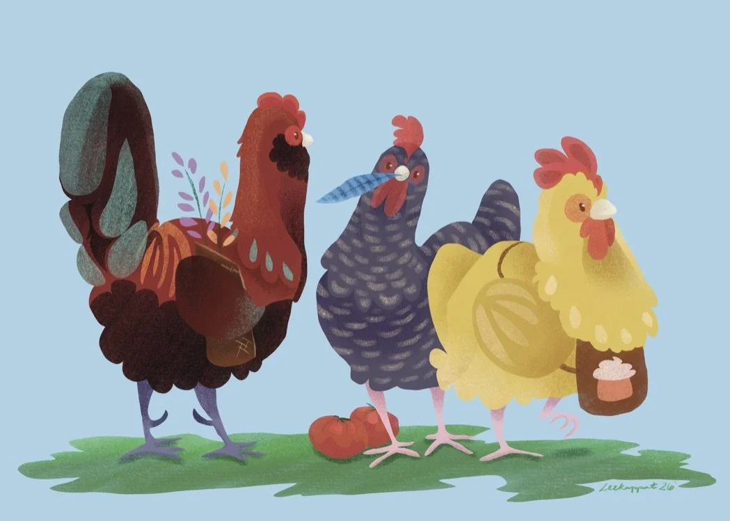 Three cute chickens with a blue sky childrens book illustration