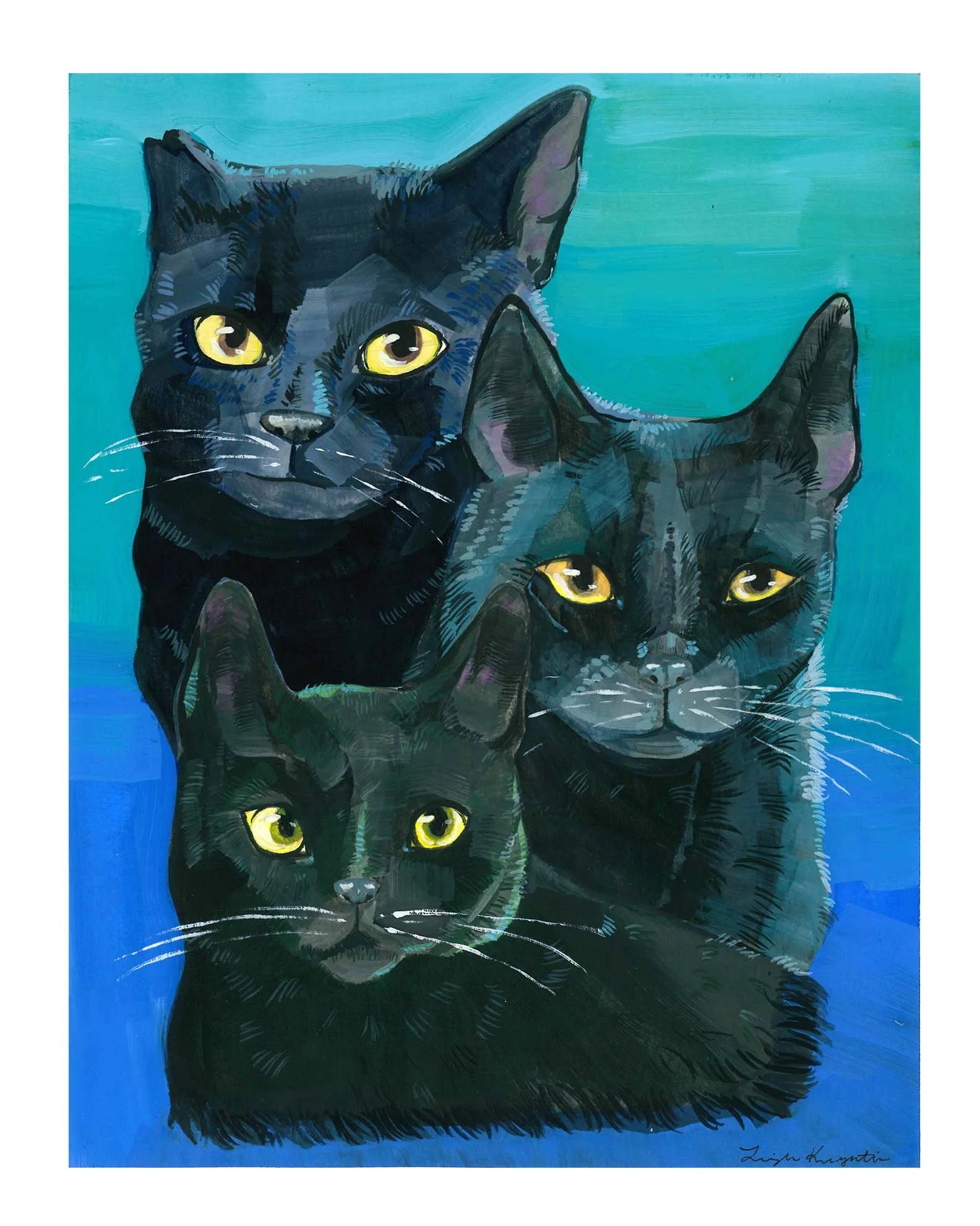 Black Cats, Gouache Painting