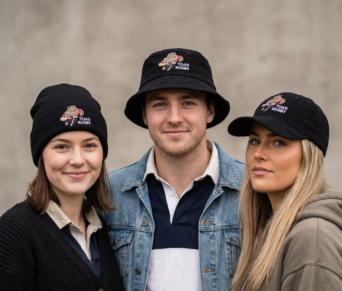 Caps and Hats - 3 styles, same decoration - Nambour Toad Rugby