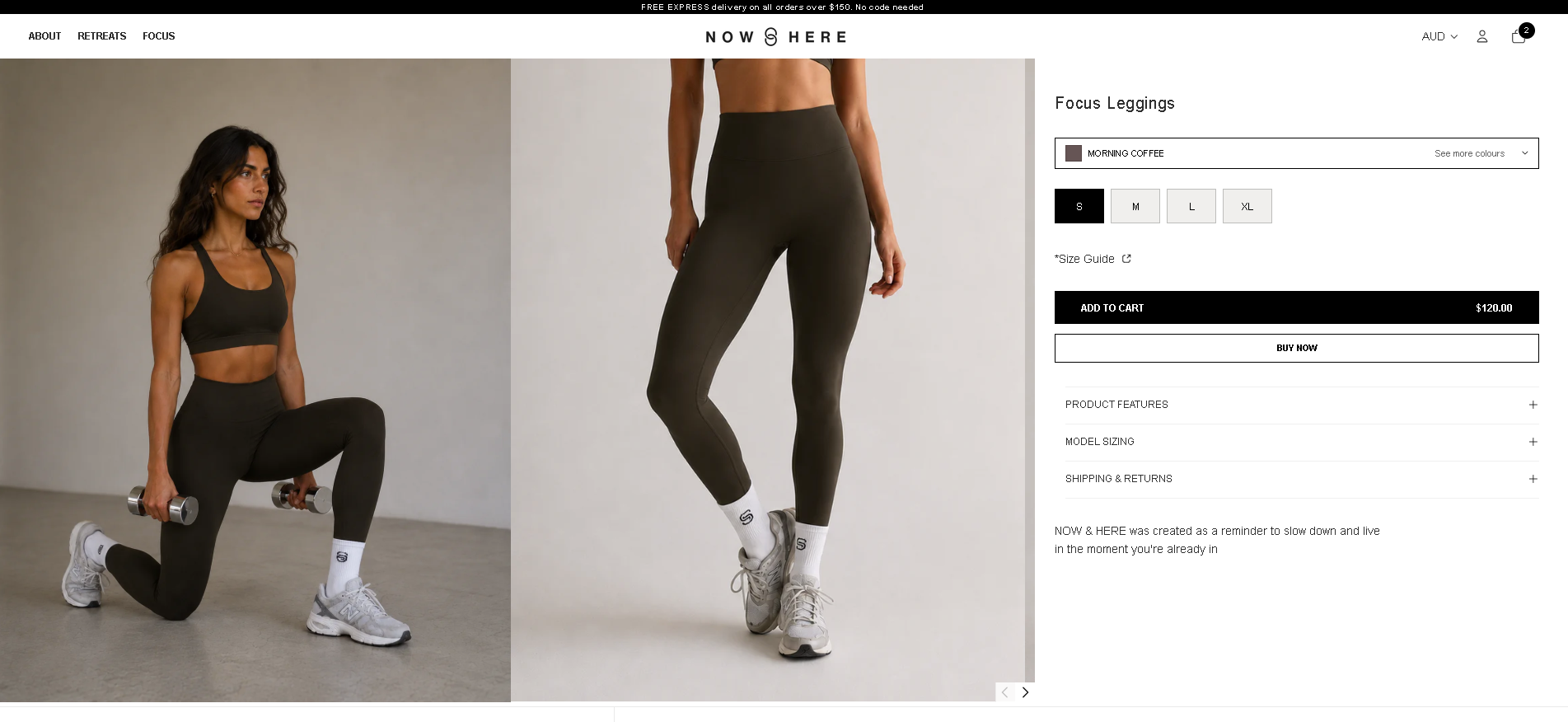 Product page displaying focus leggings, with images of a woman wearing dark leggings and athletic shoes, one image showing her standing and the other kneeling with weights.
