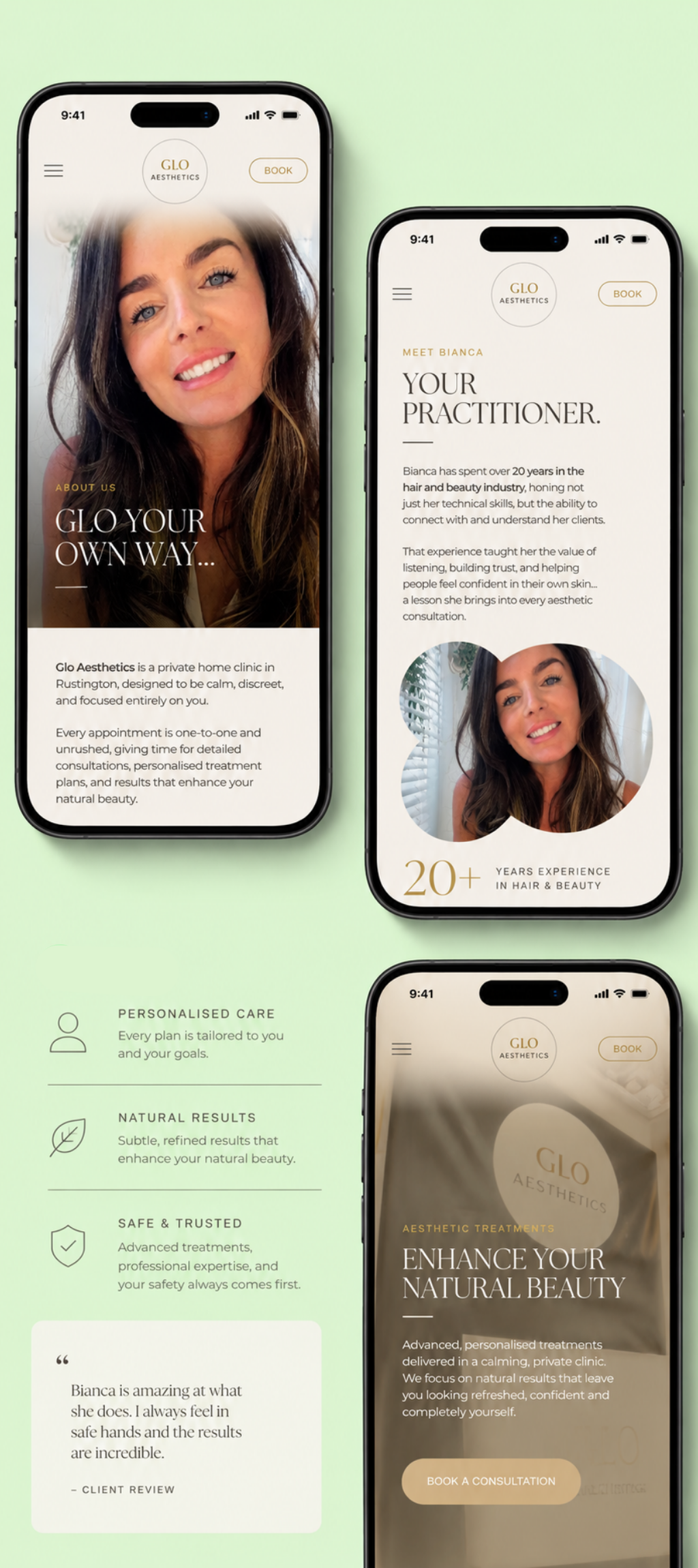 Three smartphone screens displaying the website of Glo Aesthetics, a hair and beauty clinic. The screens feature images of a woman with long brown hair, sections of text about the clinic's services, experienced practitioners, personalized care, natural results, and a client review. The background is light green.