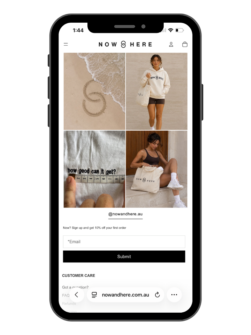 Screenshop of the Now & Here online store featuring clothing and accessories, including a photo of a woman in a hoodie and shorts, a tote bag, a bracelet with inscription, and the brand's logo, all displayed on a smartphone screen.