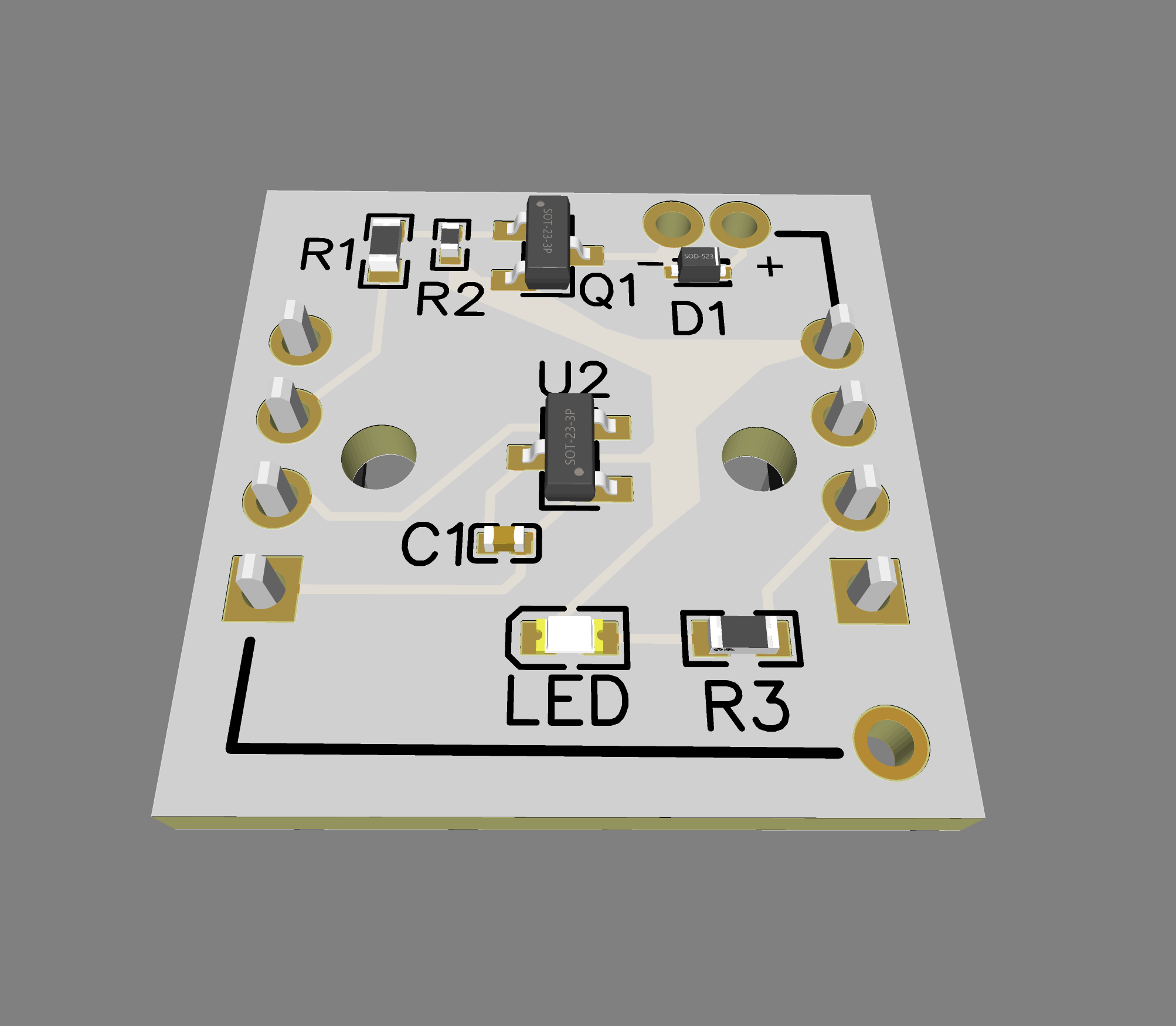Close-up view of a small electronic circuit board with various components including a microchip, resistors, diodes, and a capacitor, labeled with designator text such as R1, R2, Q1, D1, U2, and others.
