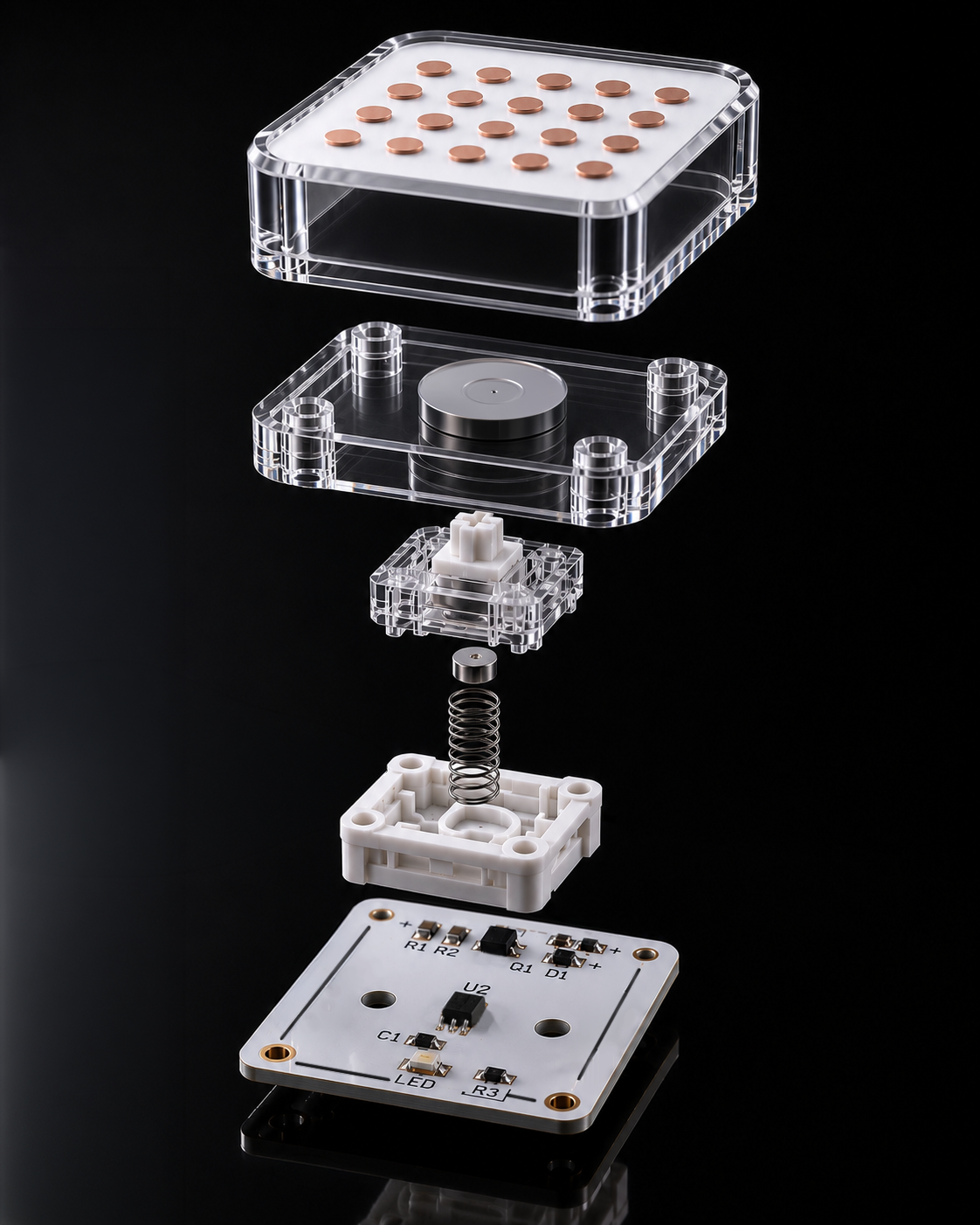 Exploded view of a TILES key moduel with transparent plastic casing and internal electronic components on a black background.