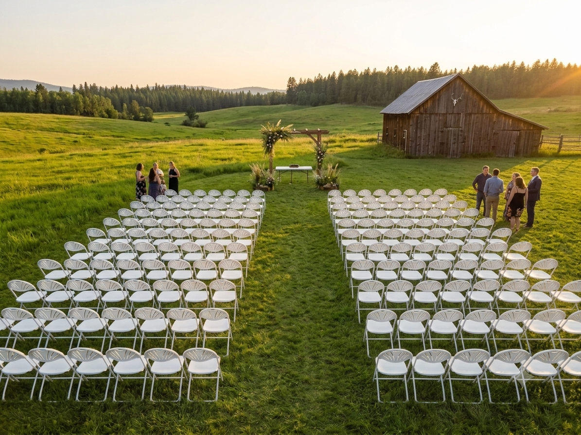 An outdoor wedding setup on grass with white chairs arranged in rows on either side of a central aisle leading to a decorated arch with flowers and plants. Table and Chair rental oswego new york. SME Party Rentals