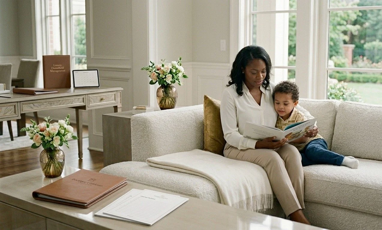 A woman reading a book with a young boy on her lap sitting on a cream-colored sofa in a bright living room with large windows and floral decorations.