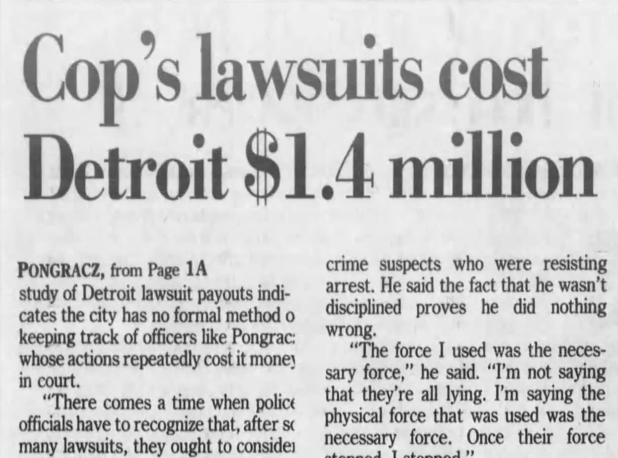 Newspaper clipping from Ernest L. Jarrett’s civil rights litigation archive: “Cop’s lawsuits cost Detroit $1.4 million.”