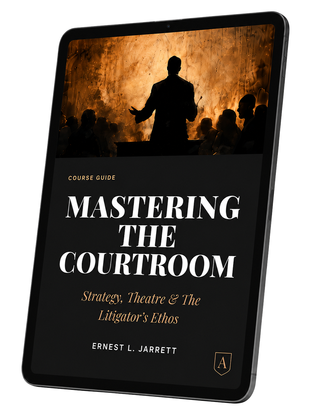 Mastering the Courtroom companion course guide displayed on a tablet.
