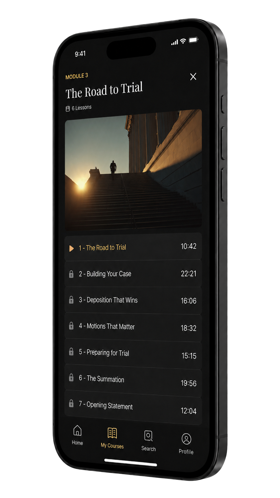 Mobile view of Mastering the Courtroom showing The Road to Trial module and course lesson list.