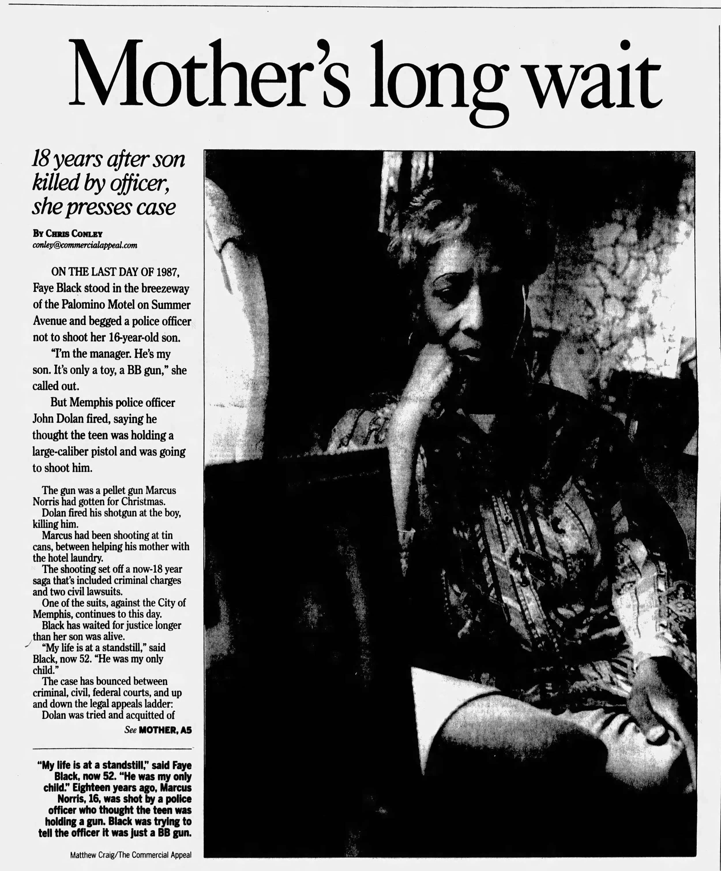 Black and white newspaper article titled "Mother's long wait" with a photo of a woman with curly hair and earrings, and a child. The article discusses Faye Black's situation 18 years after her son was killed by a police officer.