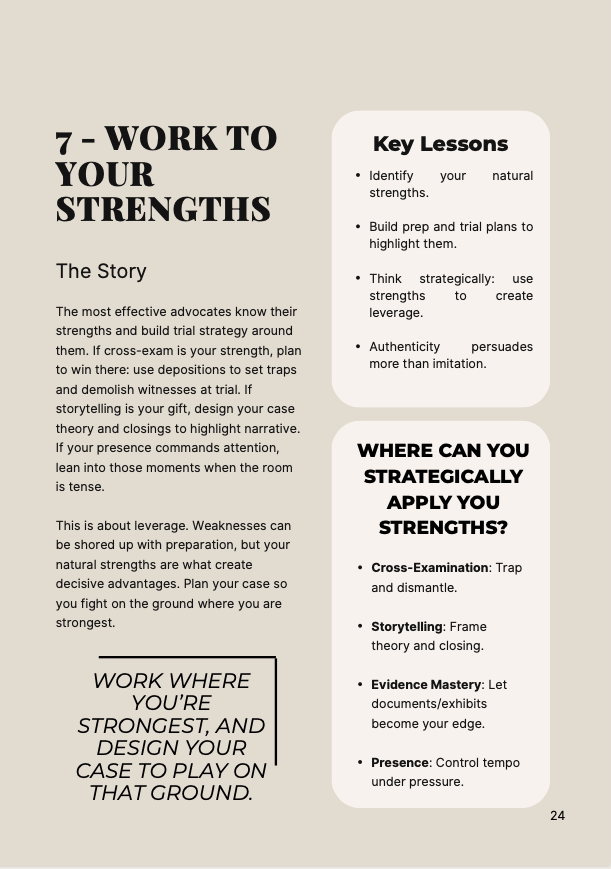 Interior page from the Mastering the Courtroom companion guide showing key lessons and practical advocacy takeaways.